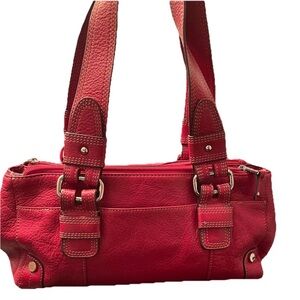 Tignanello Red Pebbled Leather Y2K Shoulder Bag Buckle Strap Zip Top Purse